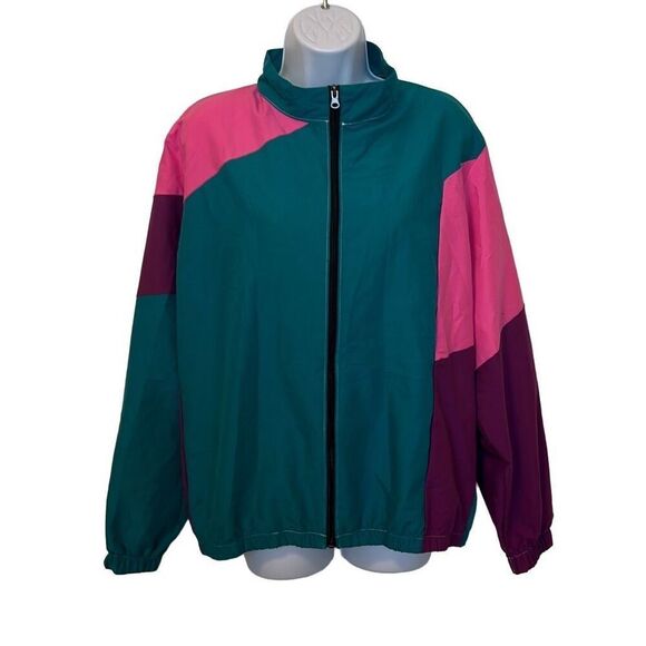 Long Shot Unisex Small Green Purple Colorblock Full Zip Windbreaker Jacket 80's - Picture 1 of 7